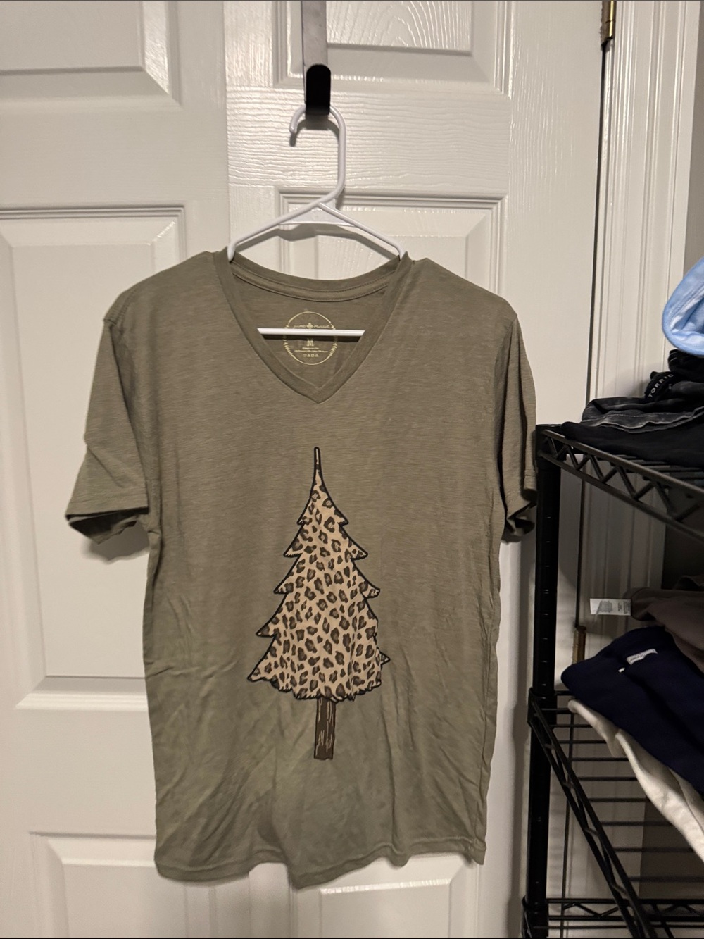 Olive Green V-Neck Tee with Leopard Tree Graphic - Women